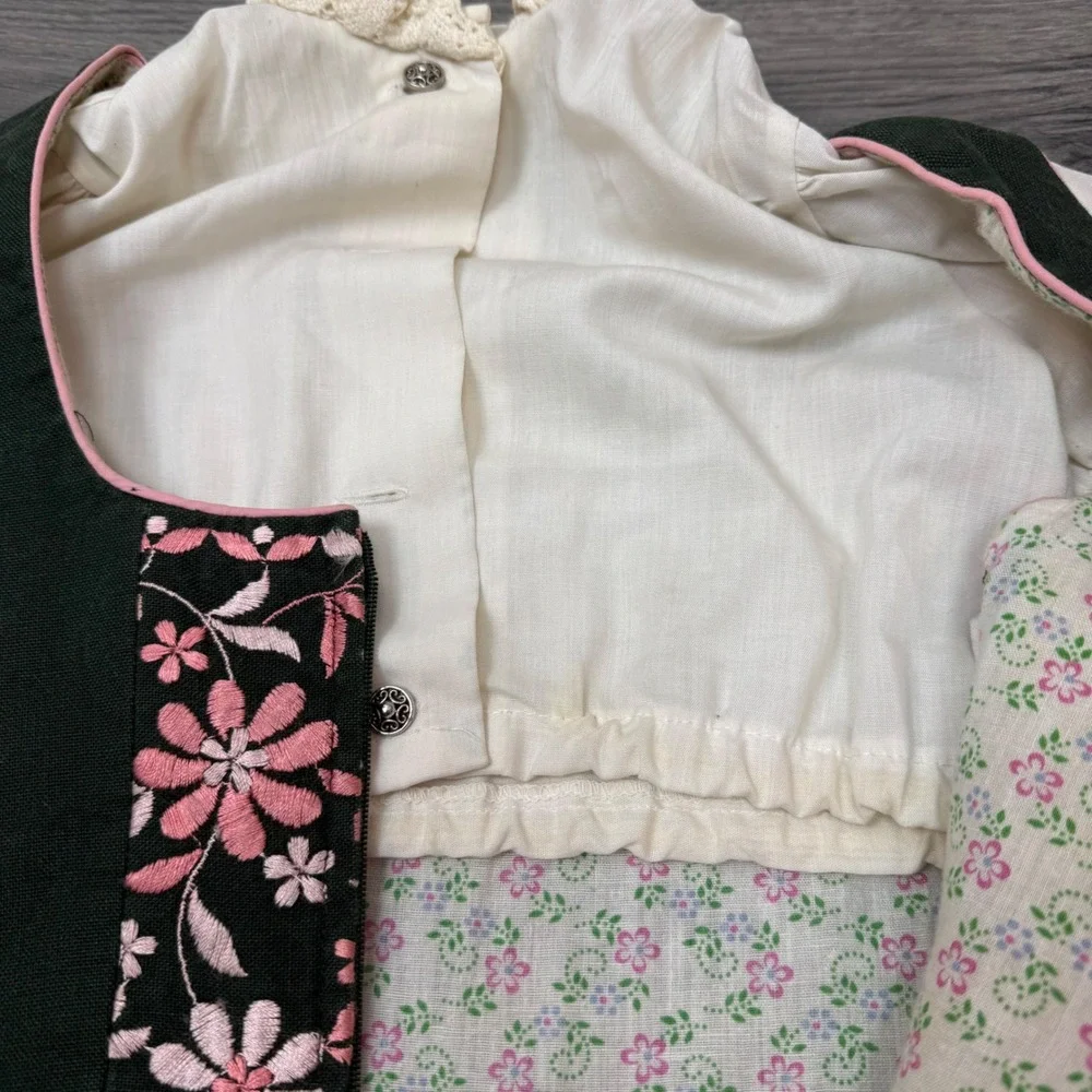 Vintage German Dirndl Set Kids Sz 6 Green Pink Floral Dress Apron Oktoberfest